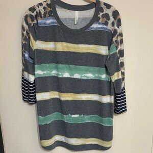 Celeste Gray Striped and Leopard Print Long Sleeve Top